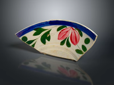 Fan Shaped Ceramic Plate With Red Flowers Green Leaves And Blue Rim 3d model