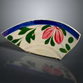 Fan Shaped Ceramic Plate With Red Flowers Green Leaves And Blue Rim