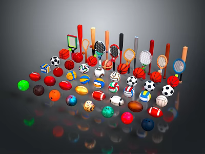 Colorful Sports Equipment Collection Featuring Various Balls and Different Rackets 3d model