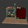 Home Kitchen Furniture Setup Including Red Cabinet Multi Layer Shelf Chair And Dishes