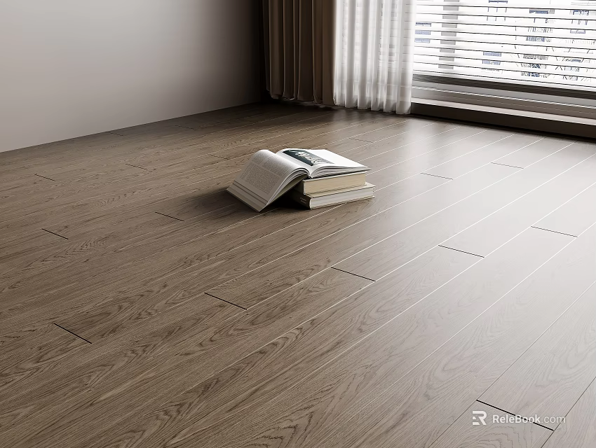 Natural Brown Wooden Floor With Visible Grain And Stacked Books By Window 3d model 