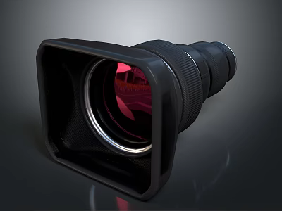 Professional Black Camera Lens Featuring Red Glass Square Hood And Reflective Surface 3d model