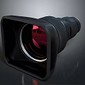 Professional Black Camera Lens Featuring Red Glass Square Hood And Reflective Surface