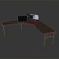 L Shaped Wooden Desk With Metal Legs Dual Computer Monitors Keyboard And Mouse