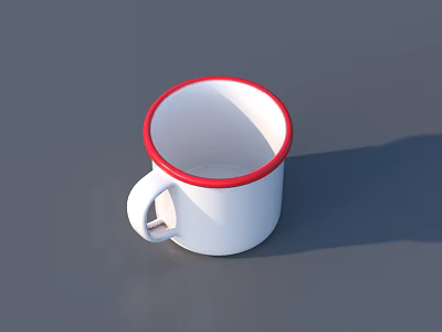 White Enamel Mug With Red Rim On Gray Background For Daily Use 3d model