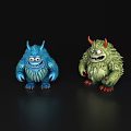 Blue And Green Furry Cartoon Monsters With Horns And Smiling Faces