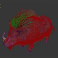 Wild Boar With Fluffy Dark Fur And Prominent Curved Tusks Standing Against Dark Background