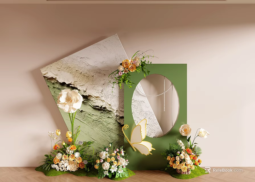 Art Installation Featuring Green Square Structure Circular Mirror Rock Texture Floral And Butterfly Accents 3d model 