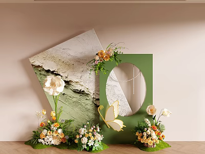 Art Installation Featuring Green Square Structure Circular Mirror Rock Texture Floral And Butterfly Accents 3d model