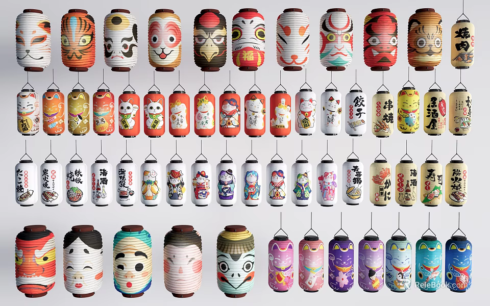 Rows Of Colorful Traditional Lanterns With Various Decorative Patterns And Designs 3d model 