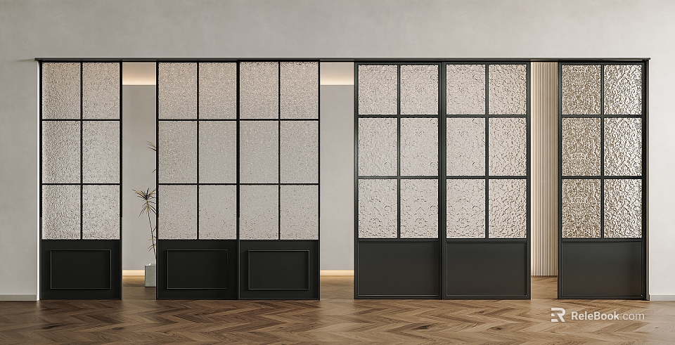 Modern Interior Sliding Doors With Black Frame And Textured Glass Panels 3d model 