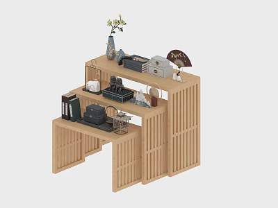Wooden Reception Desk With Layered Design And Decorative Items Including Vase Fan And Books 3d model