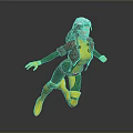 White Haired Female Superhero Character Flying In Yellow Green Costume With Brown Leather Jacket