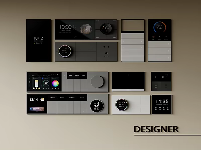Modern Designer Switch Panels With Digital Time Temperature Displays And Colorful Knobs 3d model