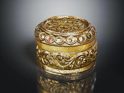 Elegant Gold Fashion Accessory Box With Intricate Patterns And Colorful Gemstones 3d model