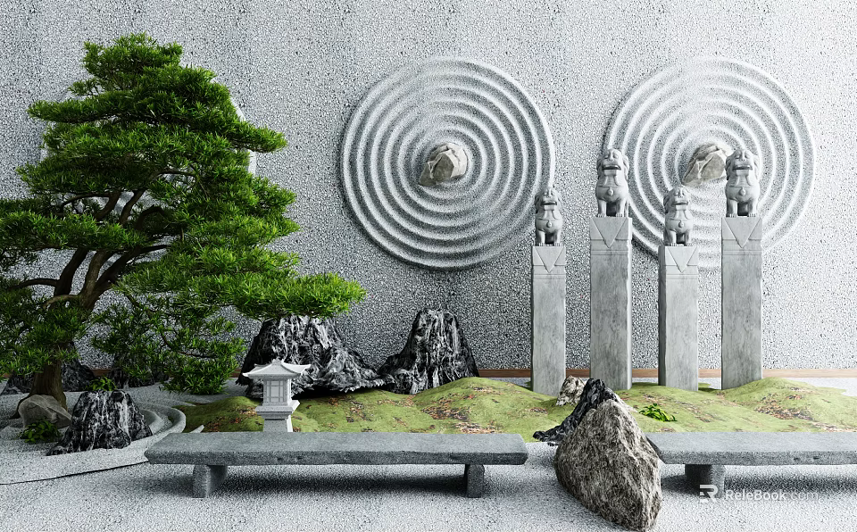 Japanese Garden Design With Stone Wall Circular Spiral Patterns Pine Tree Statues And Bench 3d model
