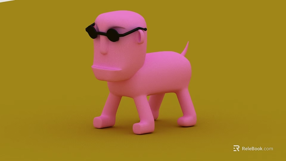 Pink Dog Shaped Decorative Figurine Set With Black Sunglasses On Yellow Background 3d model 
