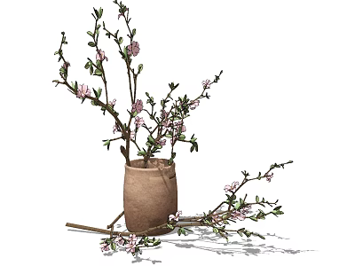 Terracotta Vase with Pink Flowering Branches and Green Leaves on White Background with Fallen Branch 3d model