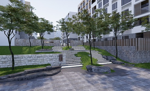 Modern residential area steps landscape main entrance forest landscape 3d model