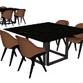 Modern Sleek Dining Table Set with Brown Chairs and Black Tabletop 3d model