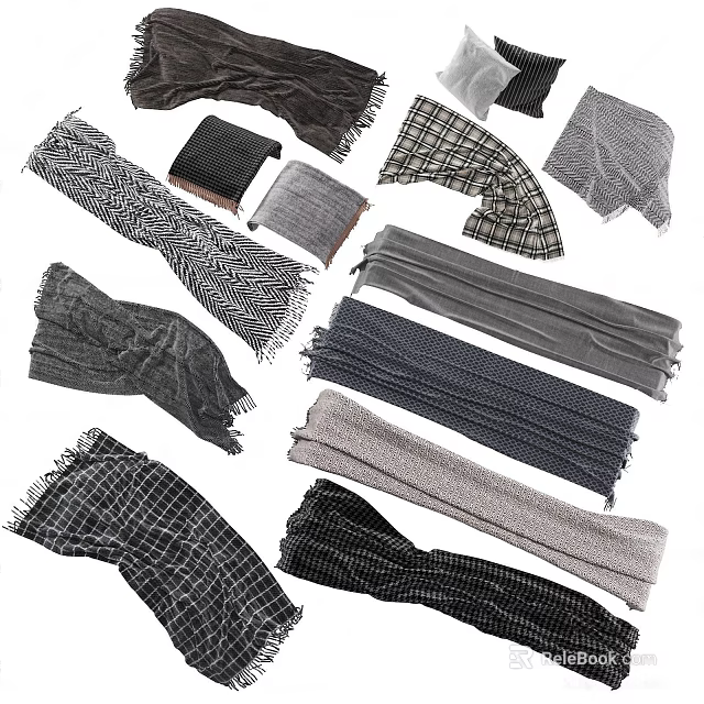 Soft Bed Runner with Plaid Striped and Solid Color Patterns for Bedroom Decor 3d model 