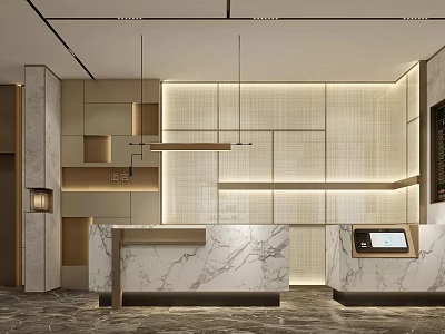 Elegant Hotel Lobby Interior With Marble Reception Desk Wooden Panels And Ambient Lighting 3d model