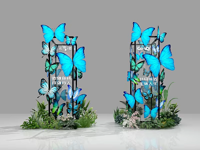 Commercial Promotional Display Equipment with Blue Butterfly Decor and Floral Accents 3d model