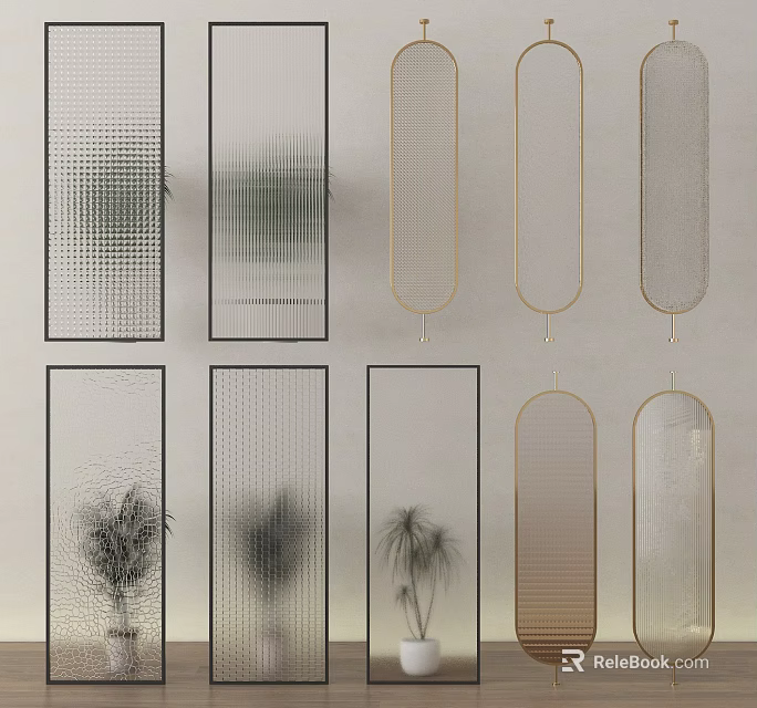 Modern Decorative Room Dividers With Transparent Glass Geometric Patterns And Various Shapes 3d model 