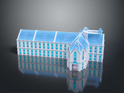 Cartoon Scene Featuring A Building With Blue Roof White Walls Multiple Windows And Reflection 3d model