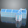 Cartoon Scene Featuring A Building With Blue Roof White Walls Multiple Windows And Reflection