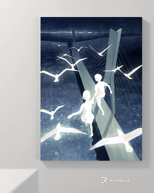 Abstract Painting Depicting Children Playing Seagulls Flying Over Bridge In Dark Tone 3d model 