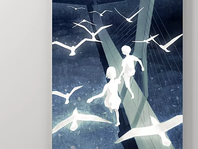 Abstract Painting Depicting Children Playing Seagulls Flying Over Bridge In Dark Tone 3d model