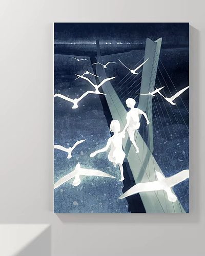 Abstract Painting Depicting Children Playing Seagulls Flying Over Bridge In Dark Tone 3d model