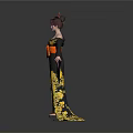 Woman Dressed In Traditional Black Kimono With Yellow Floral Patterns And Orange Obi