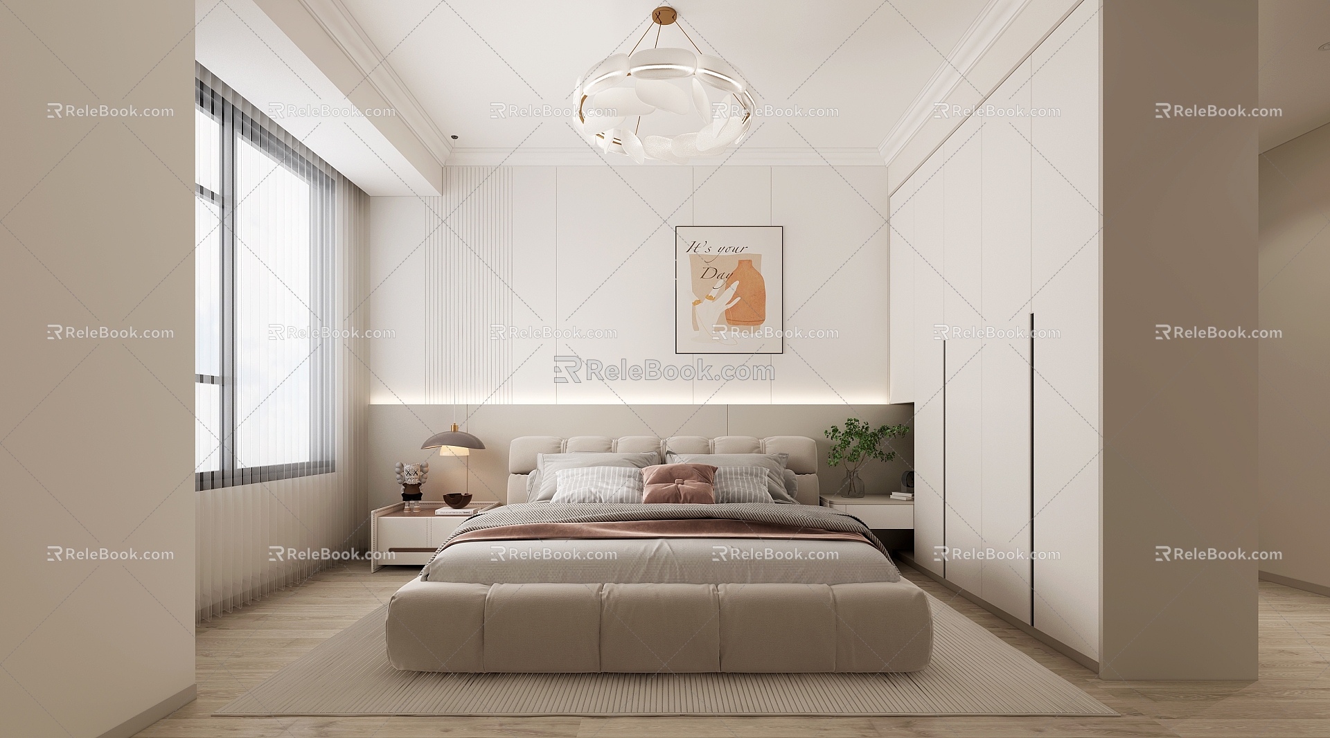 Master Bedroom Room Chandelier Curtain Master Bedroom Background Wall Wardrobe Bedding Carpet Hanging Painting 3d model