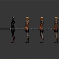 Women Wearing Different Armors Holding Weapons Standing In Gray Background Poses