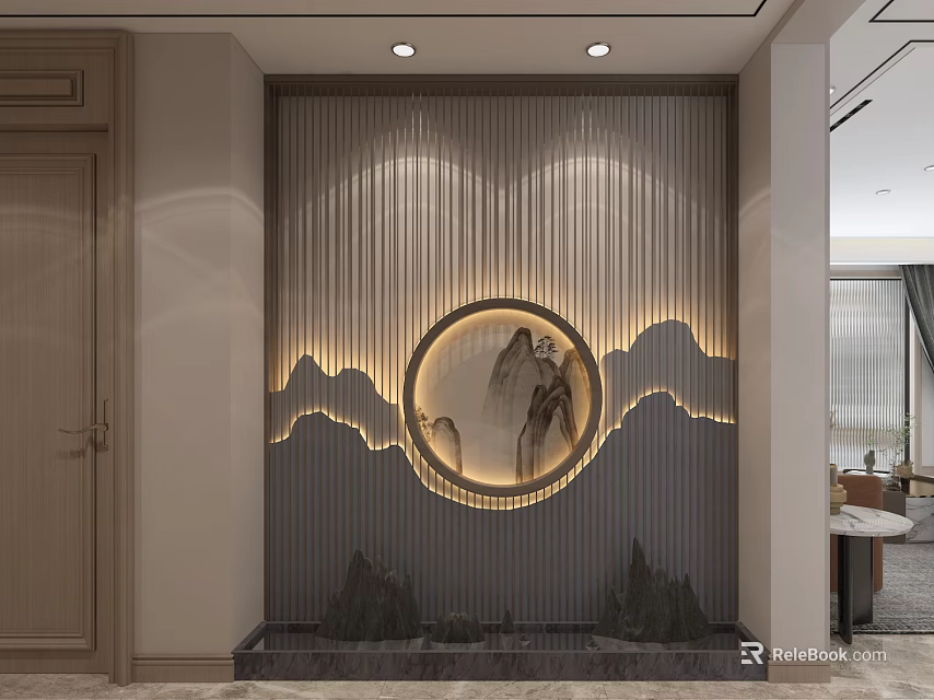 Modern Foyer Hallway Interior Design With Circular Mountain Art LED Strip Lights And Stone Base 3d model 