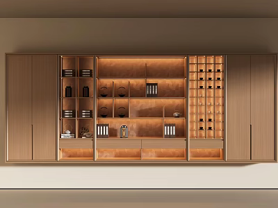 Modern Wooden Tea Cabinet With Illuminated Interior Display Shelves Tea Sets And Books Storage 3d model