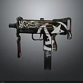 Stylish Submachine Gun With Graffiti Art Design And Black White Brown Color Pattern Details
