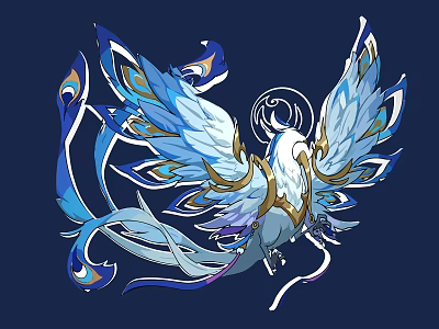 Game and Movie Character Phoenix with Blue White Feathers Ornate Spread Wings and Golden Accents 3d model