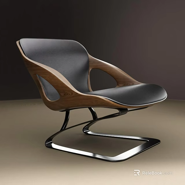 Sleek Modern Black Leather Chair with Wooden Armrests and Curved Metal Base Design 3d model 