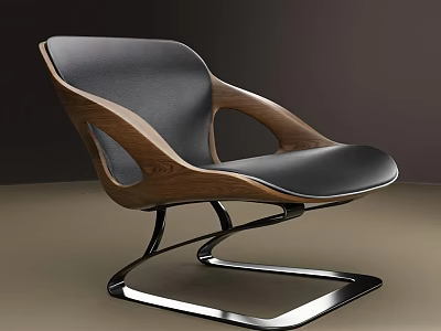 Sleek Modern Black Leather Chair with Wooden Armrests and Curved Metal Base Design 3d model