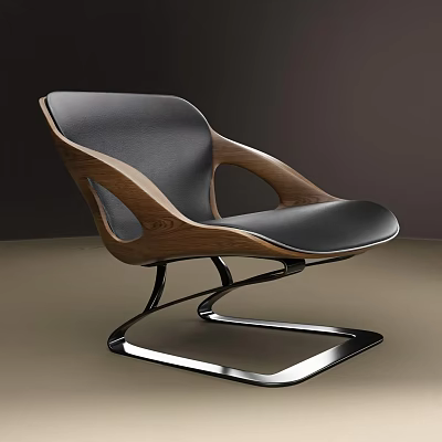Sleek Modern Black Leather Chair with Wooden Armrests and Curved Metal Base Design 3d model