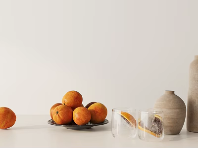 Minimalist Decorative Ornament Set With Oranges On Plate Glass Cups And Ceramic Vases 3d model