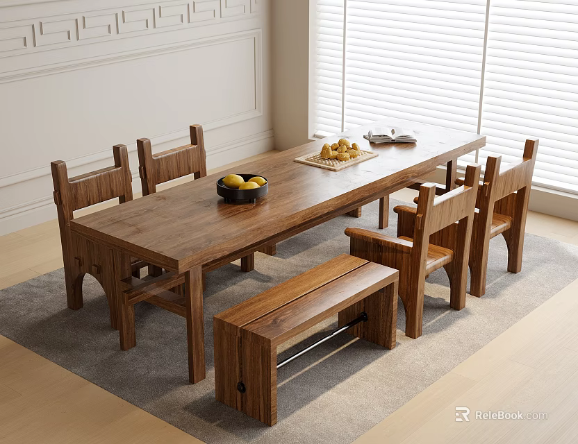 Natural Solid Wooden Table and Chair Set with Bench and Fruits in Cozy Dining Area 3d model 