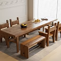Natural Solid Wooden Table and Chair Set with Bench and Fruits in Cozy Dining Area