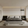 Modern Minimalist Bedroom Interior With White Walls Gray Bedding Wooden Flooring And Abstract Painting