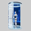 Robot In Transparent Cylindrical Display With Blue Lighting City Skyline Background And Top LOGO