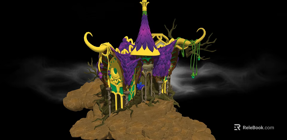 Cartoon Fantasy House Scene With Purple Yellow Spire And Twisted Branches On Rocky Ground 3d model 