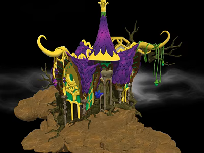 Cartoon Fantasy House Scene With Purple Yellow Spire And Twisted Branches On Rocky Ground 3d model